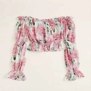 Floral Print Ruffle Trim Bardot Blouse